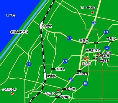 ほんだ農場のある能美市小長野町付近図