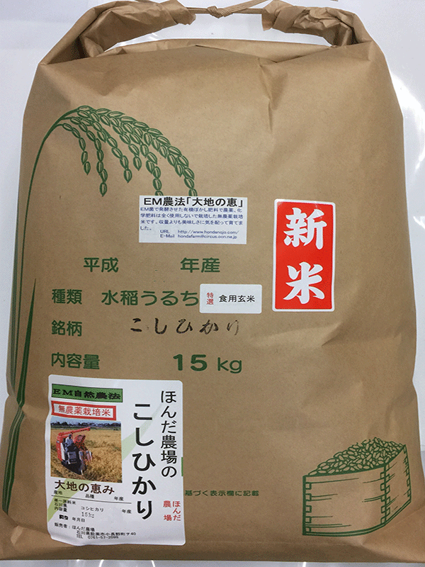 無農薬米「大地の恵み」15ｋｇ食用玄米